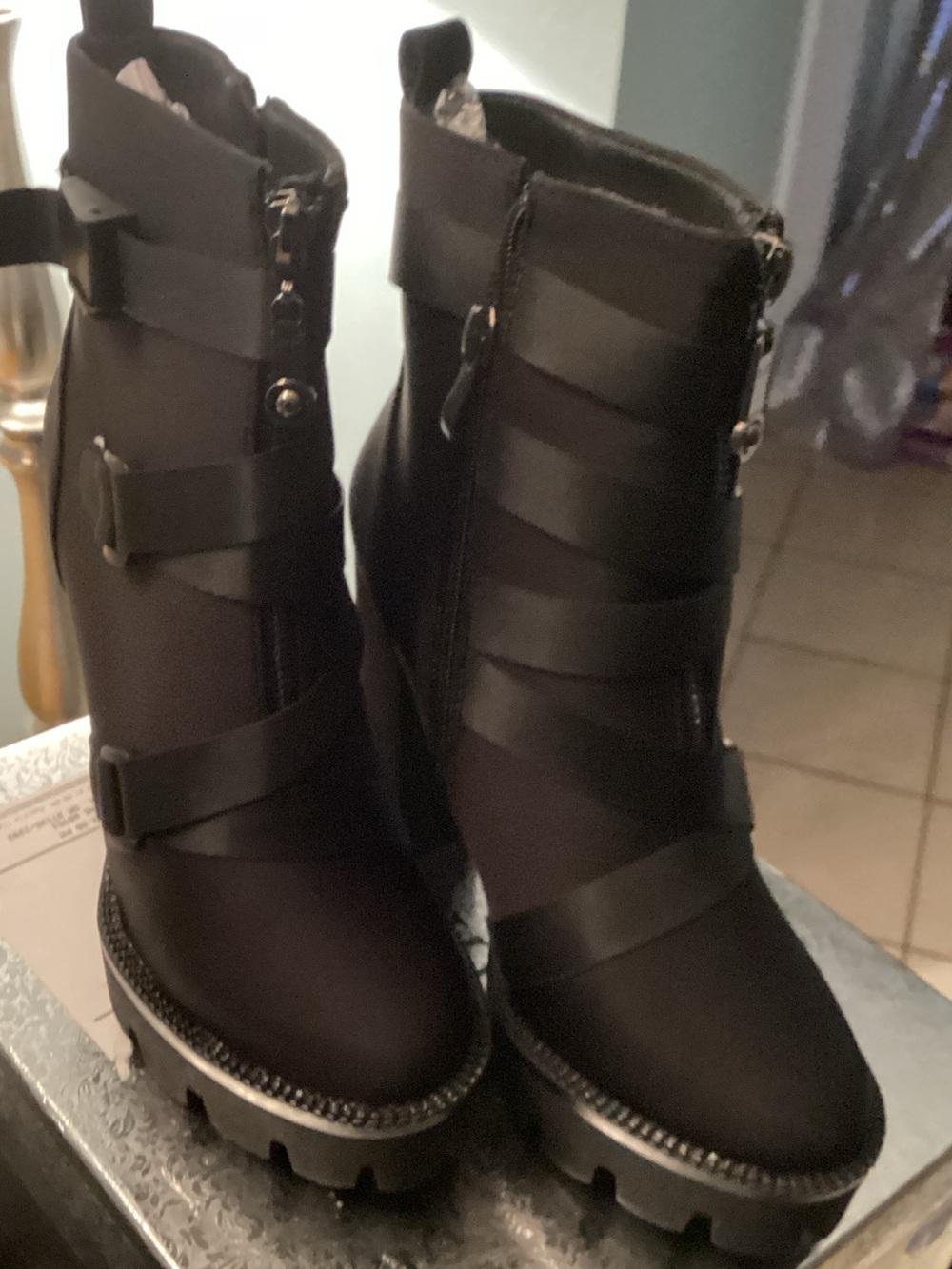 Women’s Black Buckle Wrap Lug Ankle Boots